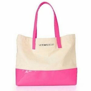 NWT! $78 Victoria’s Secret large neon pink patent leather canvas beach tote